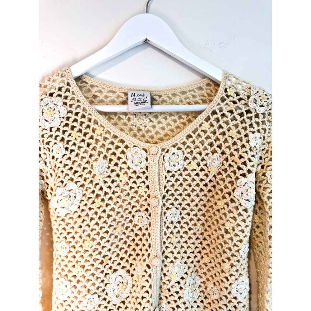 Vintage Moschino Cheap and Chic 100% Wool Cardigan Floral Appliqué Sz S - Picture 7 of 14